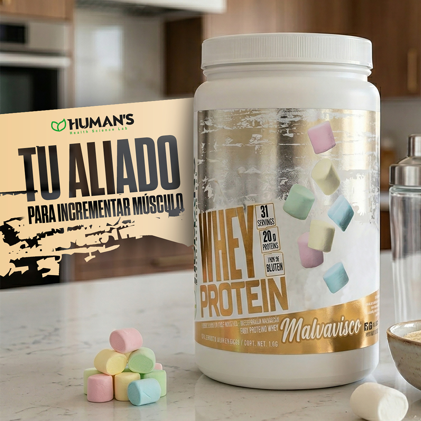 Proteína Whey Humans – Vainilla Malvavisco | 20 g de Proteína | Sin Azúcar Añadida | Libre de Gluten | 31 Porciones