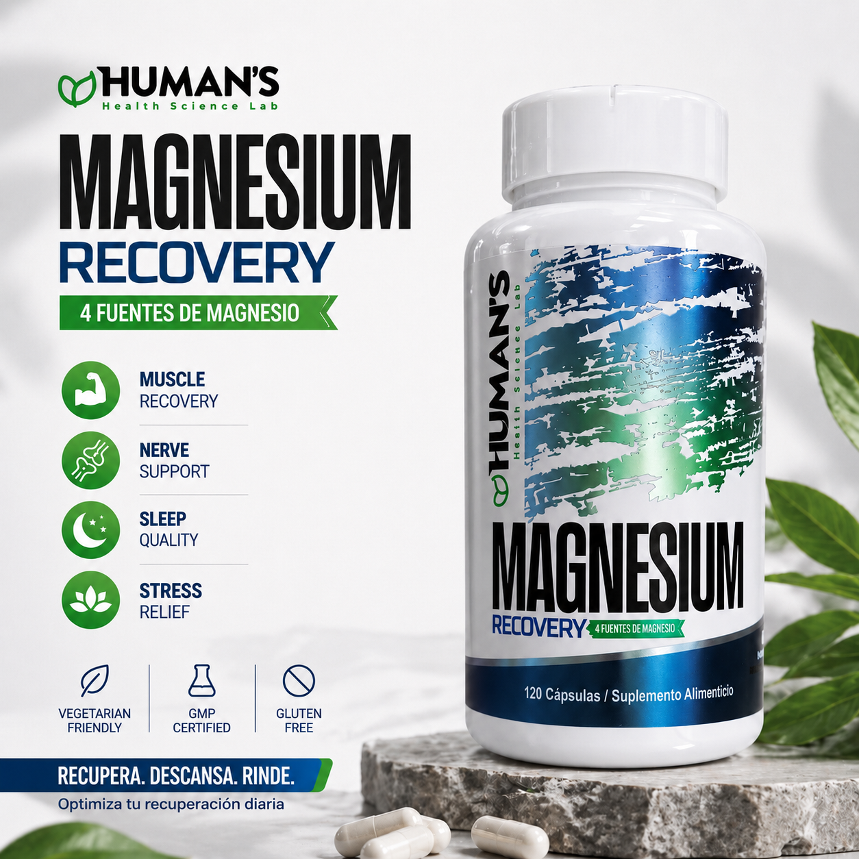 Magnesium Recovery – 4 Tipos de Magnesio para Recuperación Muscular, Sueño Profundo y Estrés | 120 Cápsulas