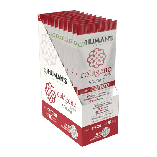 Colágeno Líquido Hidrolizado 5000mg con Ácido Hialurónico, Coenzima Q10 y Vitamina C – Caja con 10 Sachets – Sabor Cereza