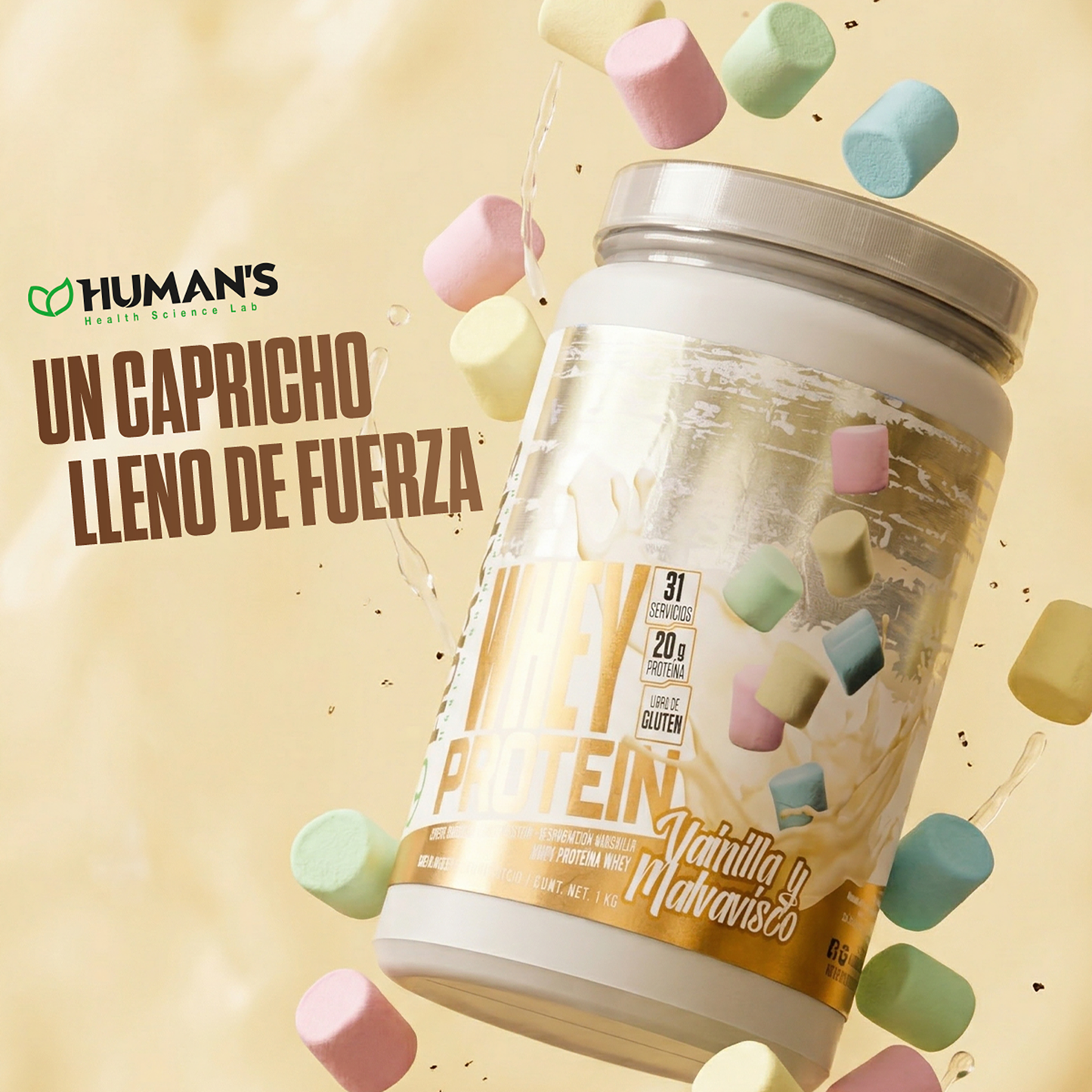 Proteína Whey Humans – Vainilla Malvavisco | 20 g de Proteína | Sin Azúcar Añadida | Libre de Gluten | 31 Porciones