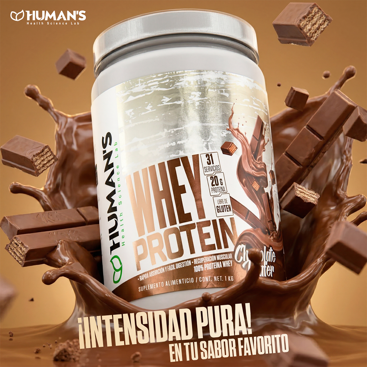 Proteína Whey Humans – Chocolate Wafer | 20 g de Proteína | Sin Azúcar Añadida | Libre de Gluten | 31 Porciones