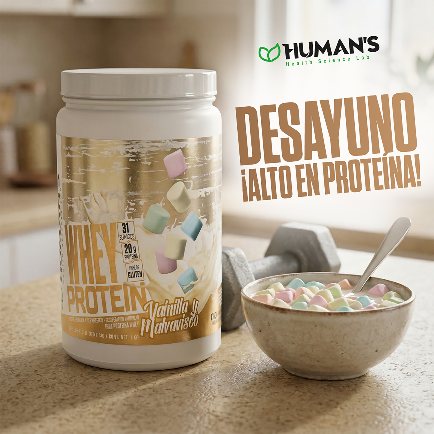 Proteína Whey Humans – Vainilla Malvavisco | 20 g de Proteína | Sin Azúcar Añadida | Libre de Gluten | 31 Porciones