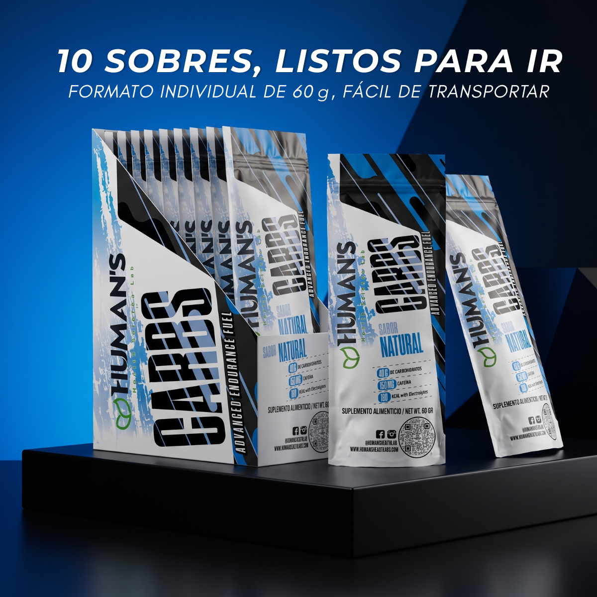 Human’s CARBS Gel Energético con 40 g de Carbohidratos, 150 mg de Cafeína y Electrolitos | Sabor Natural, 10 Sobres de 60 g