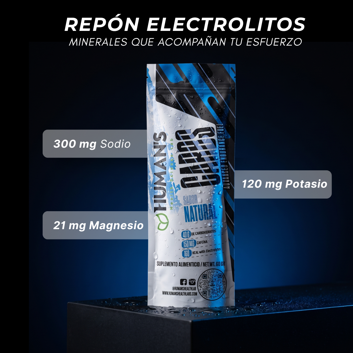 Human’s CARBS Gel Energético con 40 g de Carbohidratos, 150 mg de Cafeína y Electrolitos | Sabor Natural, 10 Sobres de 60 g