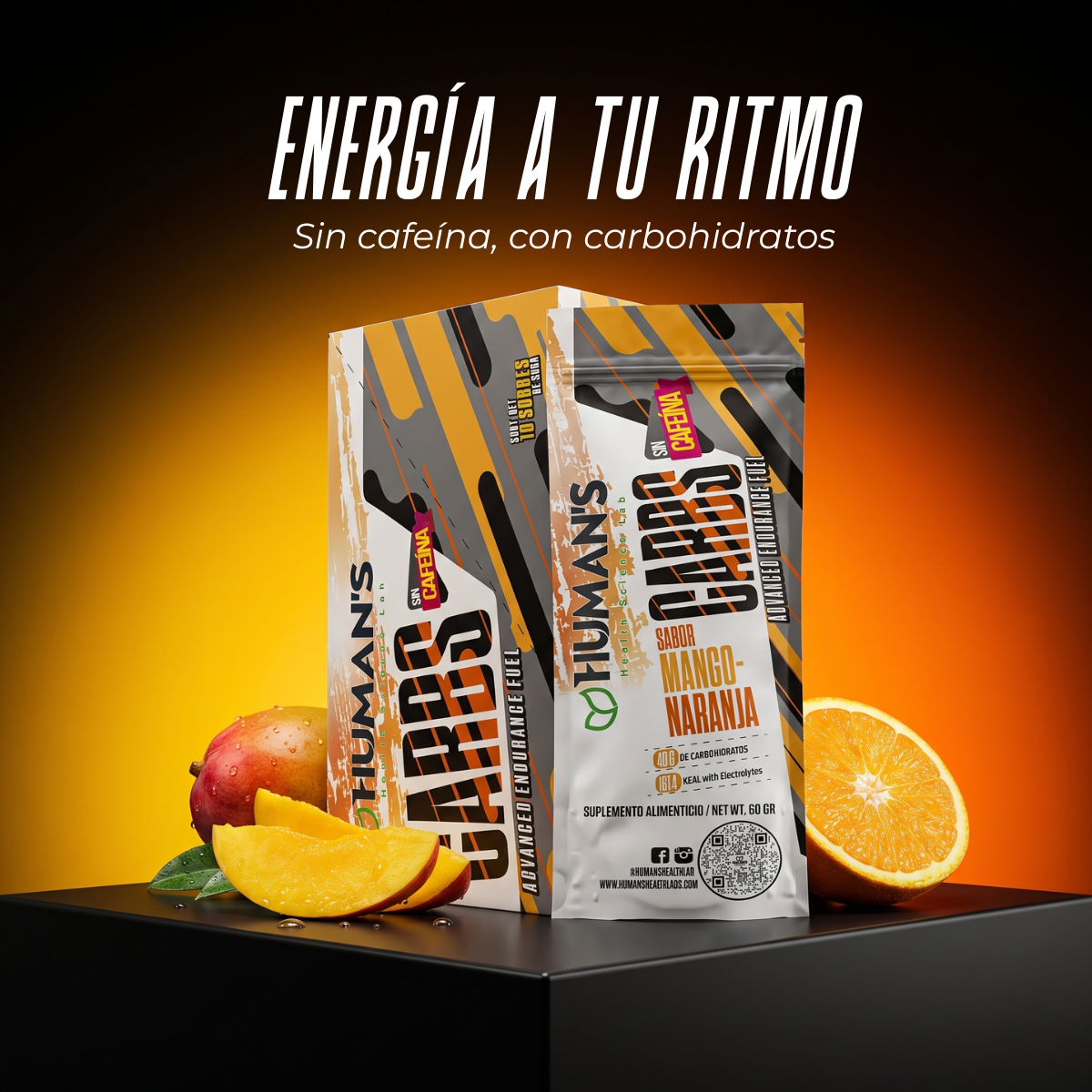 Human’s CARBS Gel Energético sin Cafeína con 40 g de Carbohidratos y Electrolitos | Sabor Natural, 10 Sobres de 60 g