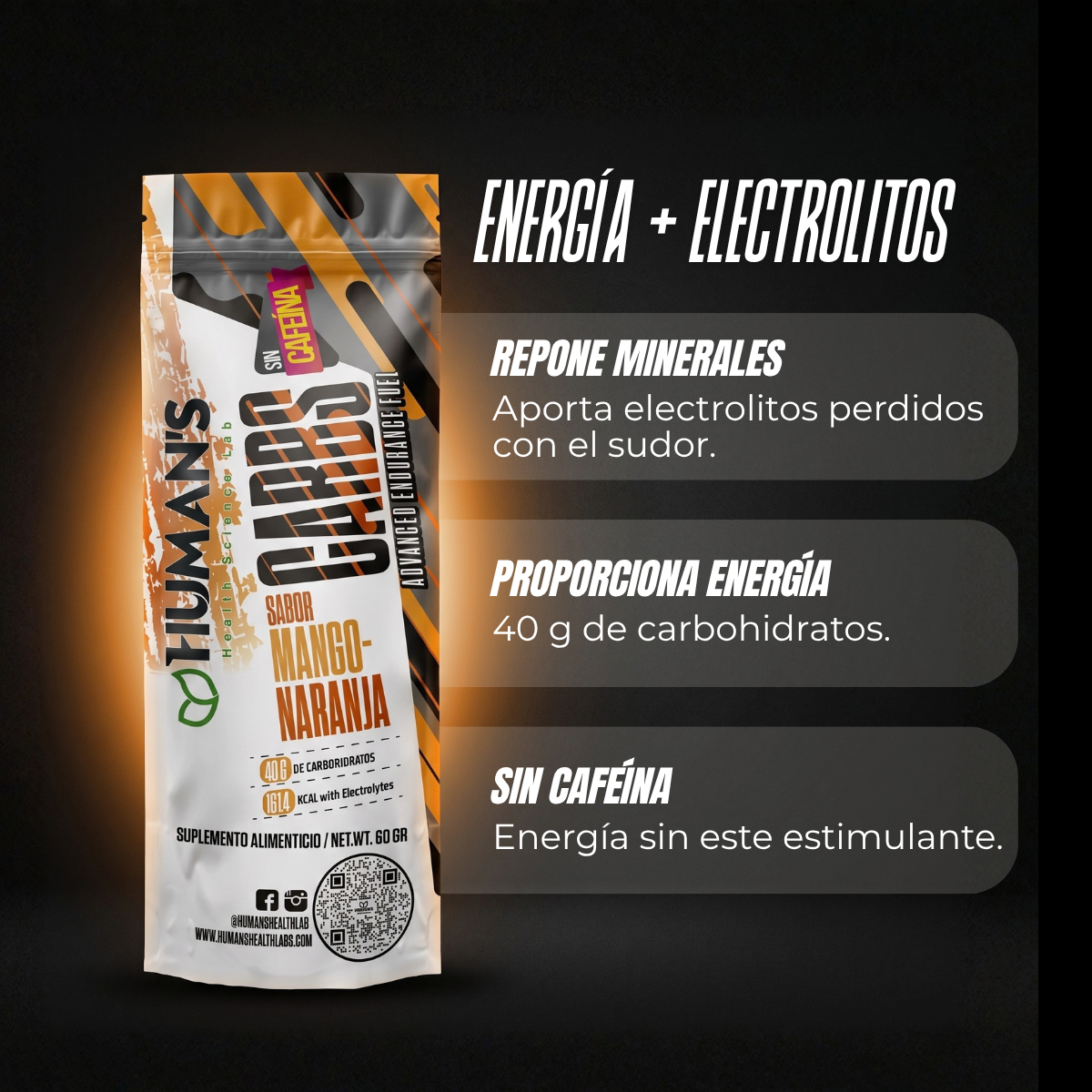 Human’s CARBS Gel Energético sin Cafeína con 40 g de Carbohidratos y Electrolitos | Sabor Natural, 10 Sobres de 60 g