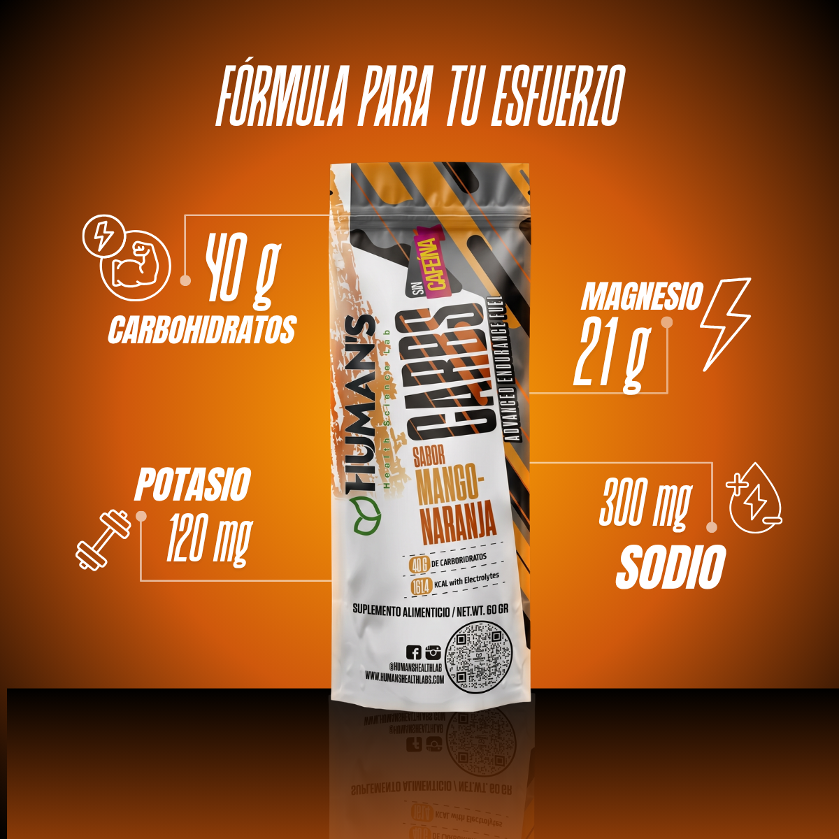 Human’s CARBS Gel Energético sin Cafeína con 40 g de Carbohidratos y Electrolitos | Sabor Natural, 10 Sobres de 60 g