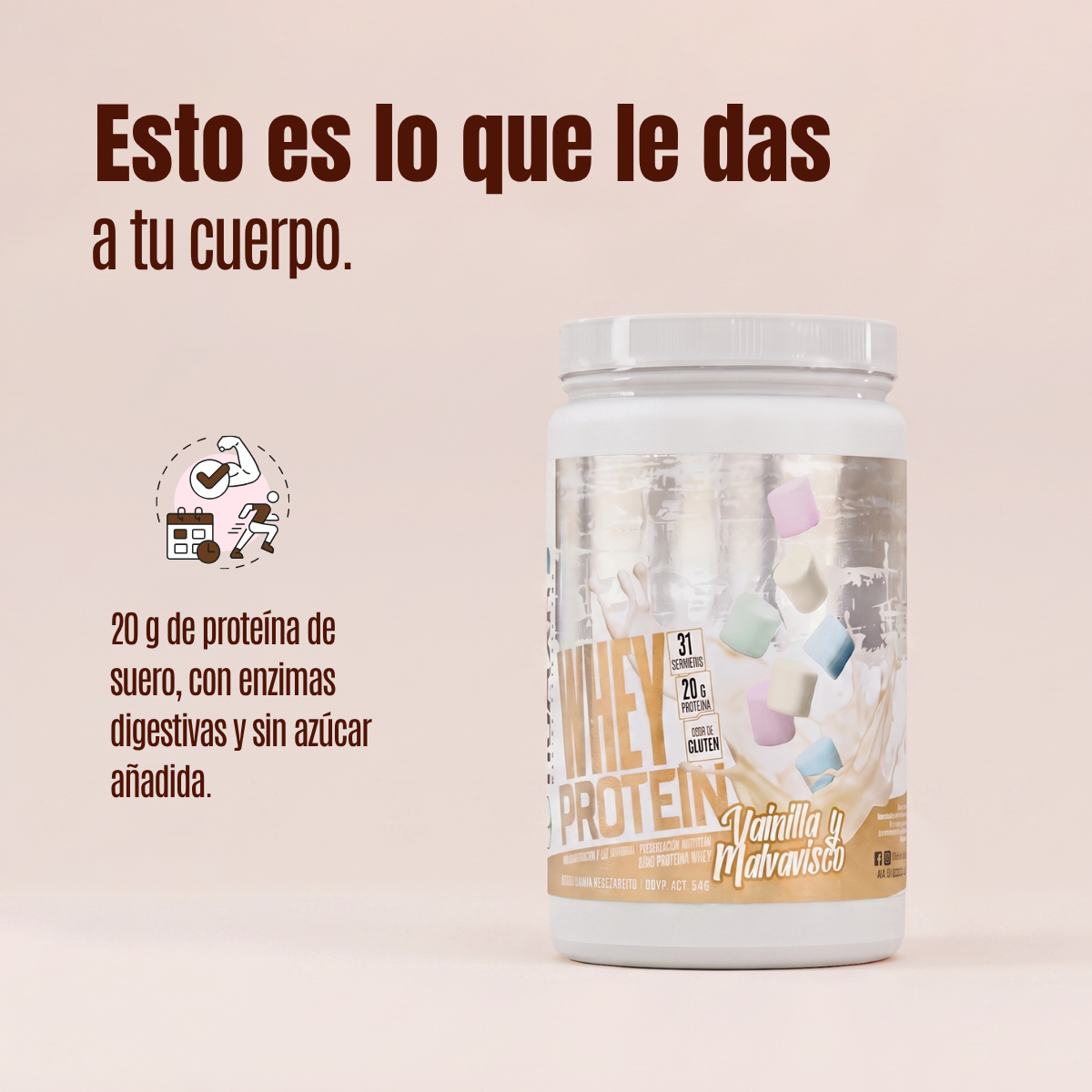 Proteína Whey Humans – Vainilla Malvavisco | 20 g de Proteína | Sin Azúcar Añadida | Libre de Gluten | 31 Porciones