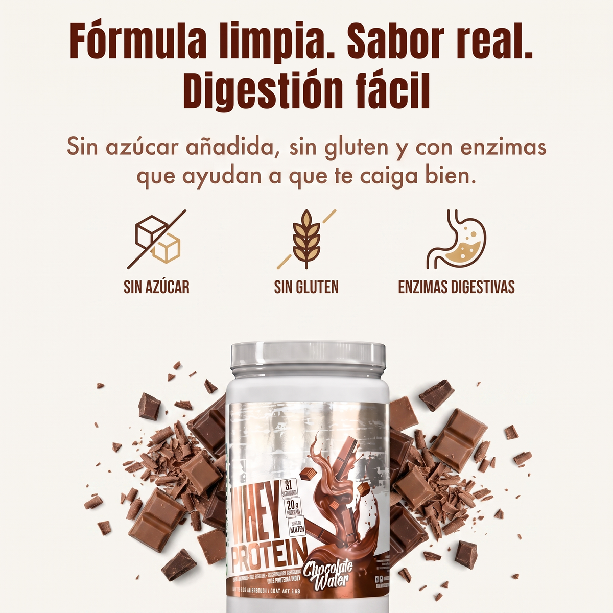 Proteína Whey Humans – Chocolate Wafer | 20 g de Proteína | Sin Azúcar Añadida | Libre de Gluten | 31 Porciones
