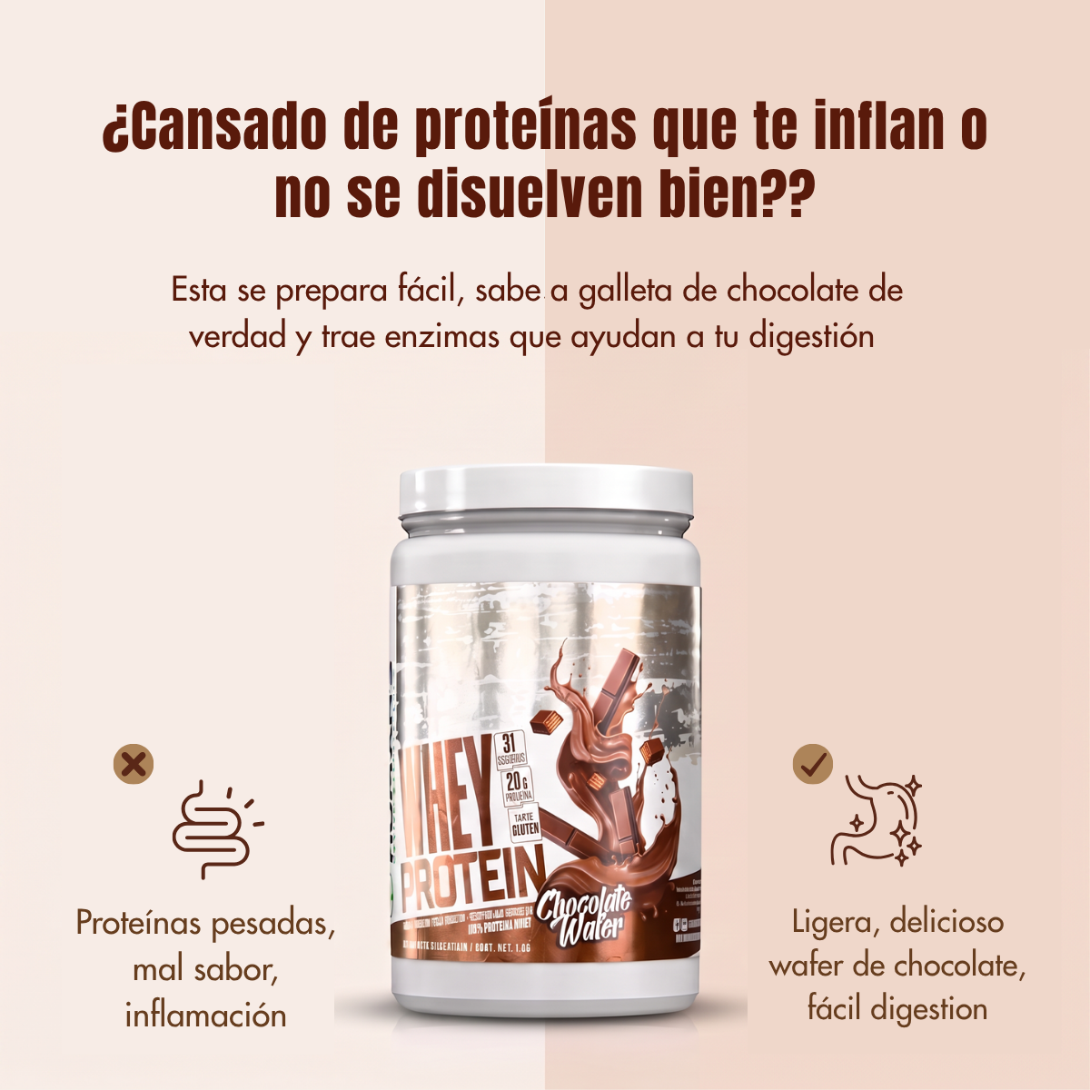 Proteína Whey Humans – Chocolate Wafer | 20 g de Proteína | Sin Azúcar Añadida | Libre de Gluten | 31 Porciones
