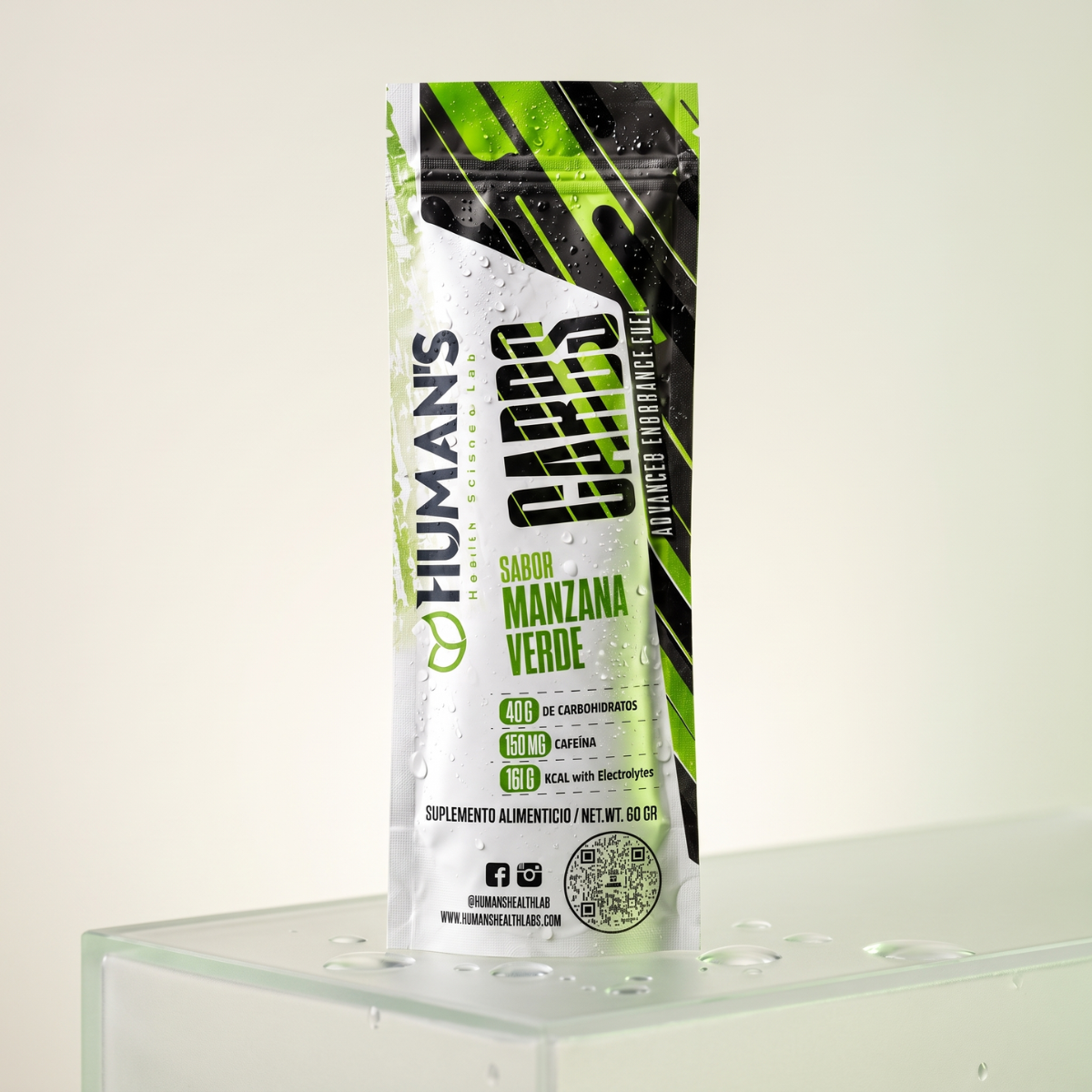 Human’s CARBS Gel Energético con 40 g de Carbohidratos, 150 mg de Cafeína y Electrolitos | Sabor Natural, 10 Sobres de 60 g