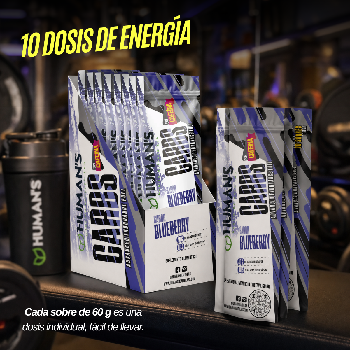 Human’s CARBS Gel Energético sin Cafeína con 40 g de Carbohidratos y Electrolitos | Sabor Natural, 10 Sobres de 60 g
