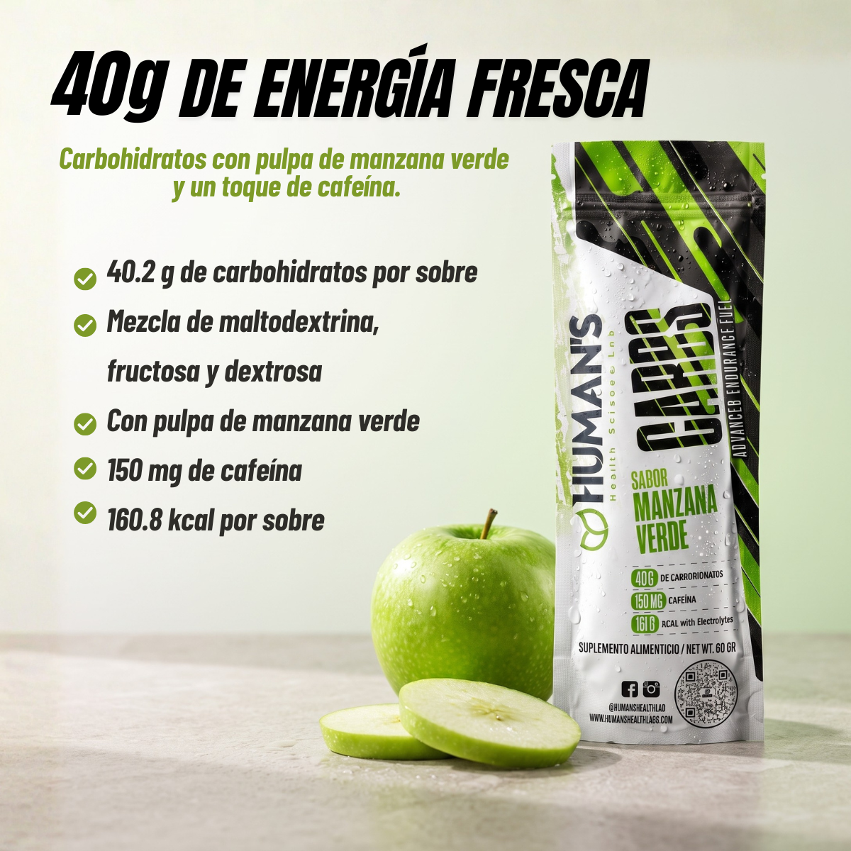 Human’s CARBS Gel Energético con 40 g de Carbohidratos, 150 mg de Cafeína y Electrolitos | Sabor Natural, 10 Sobres de 60 g