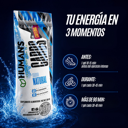 Human’s CARBS Gel Energético sin Cafeína con 40 g de Carbohidratos y Electrolitos | Sabor Natural, 10 Sobres de 60 g