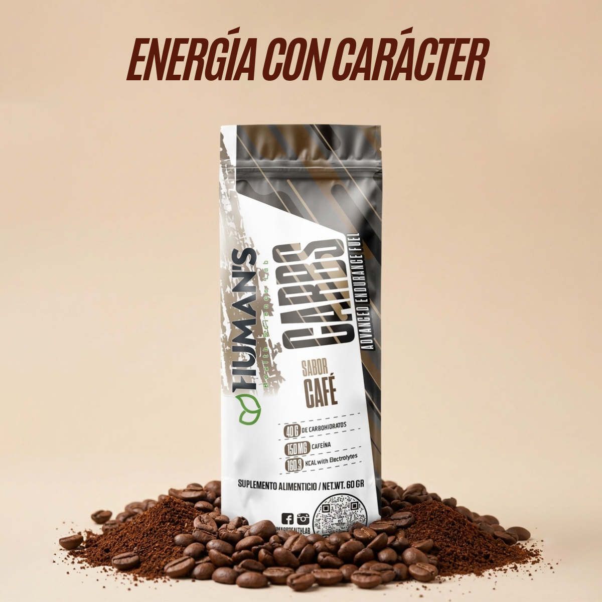 Human’s CARBS Gel Energético con 40 g de Carbohidratos, 150 mg de Cafeína y Electrolitos | Sabor Natural, 10 Sobres de 60 g