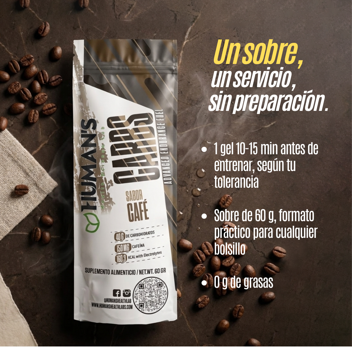Human’s CARBS Gel Energético con 40 g de Carbohidratos, 150 mg de Cafeína y Electrolitos | Sabor Natural, 10 Sobres de 60 g