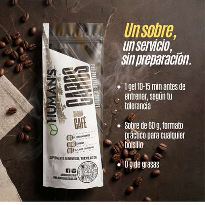 Human’s CARBS Gel Energético con 40 g de Carbohidratos, 150 mg de Cafeína y Electrolitos | Sabor Natural, 10 Sobres de 60 g