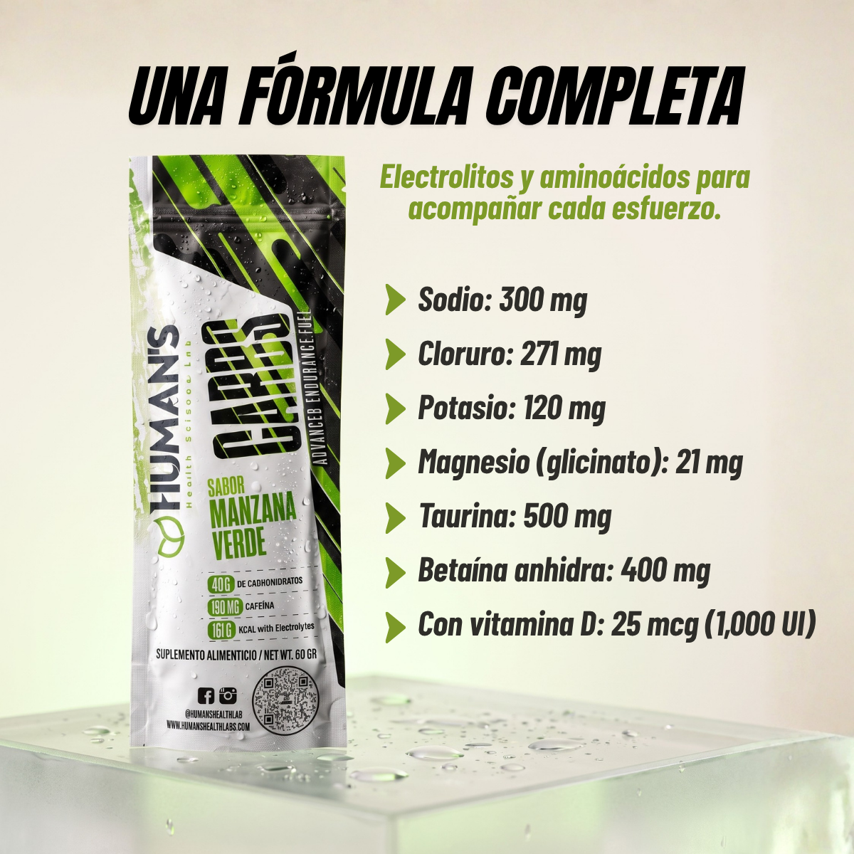 Human’s CARBS Gel Energético con 40 g de Carbohidratos, 150 mg de Cafeína y Electrolitos | Sabor Natural, 10 Sobres de 60 g
