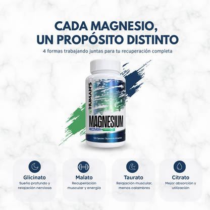 Magnesium Recovery – 4 Tipos de Magnesio para Recuperación Muscular, Sueño Profundo y Estrés | 120 Cápsulas