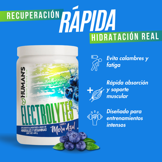 Electrolitos en Polvo Humans – Mora Azul (Blueberry) | Hidratación, Rendimiento y Recuperación | 30 Porciones-480gr