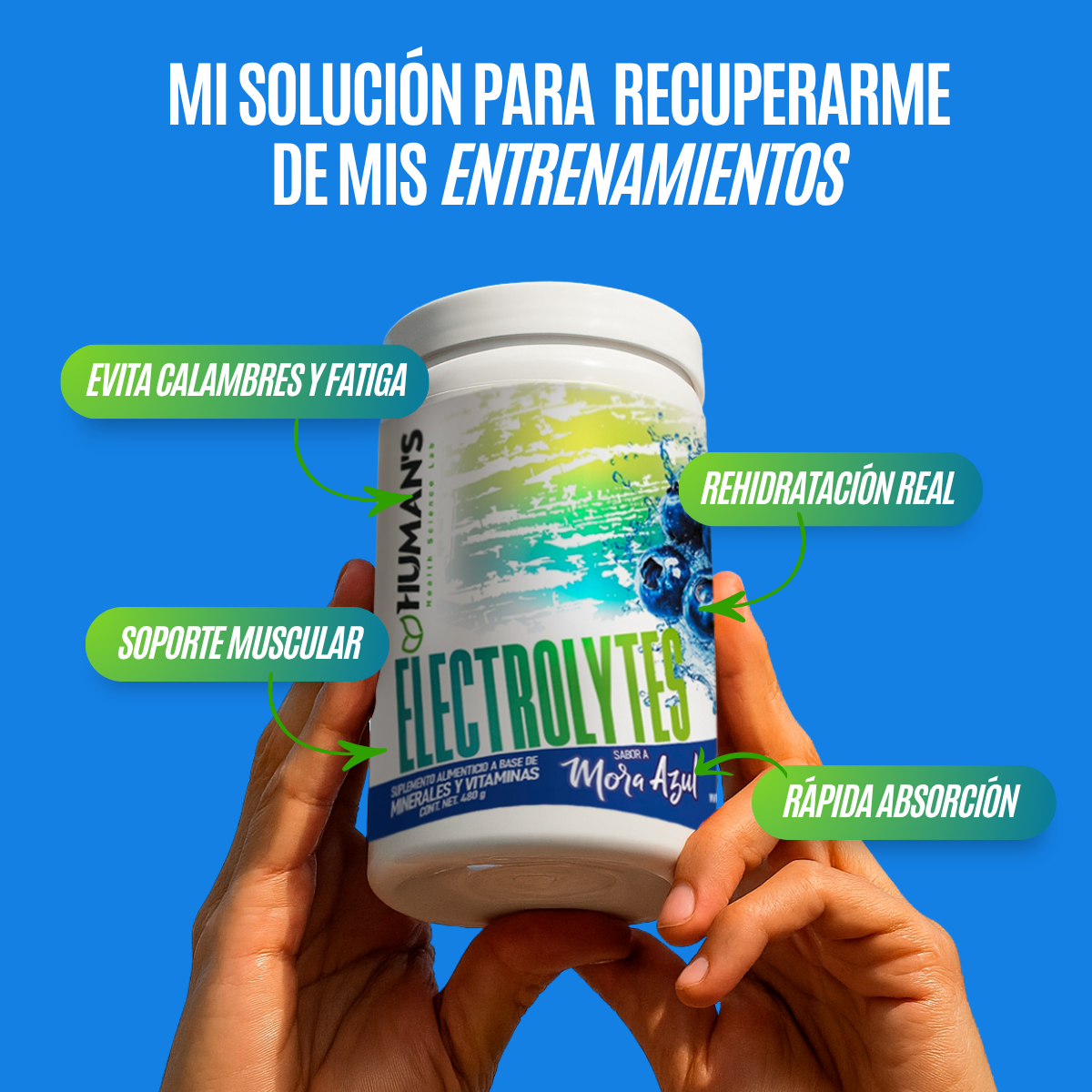Electrolitos en Polvo Humans – Mora Azul (Blueberry) | Hidratación, Rendimiento y Recuperación | 30 Porciones-480gr
