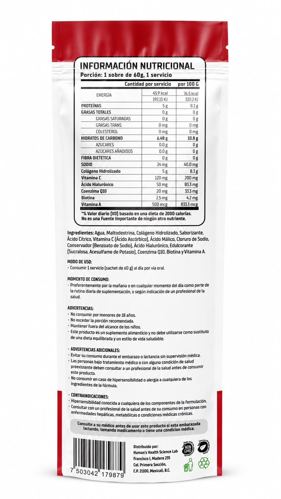 Colágeno Líquido Hidrolizado 5000mg con Ácido Hialurónico, Coenzima Q10 y Vitamina C – Caja con 10 Sachets – Sabor Cereza