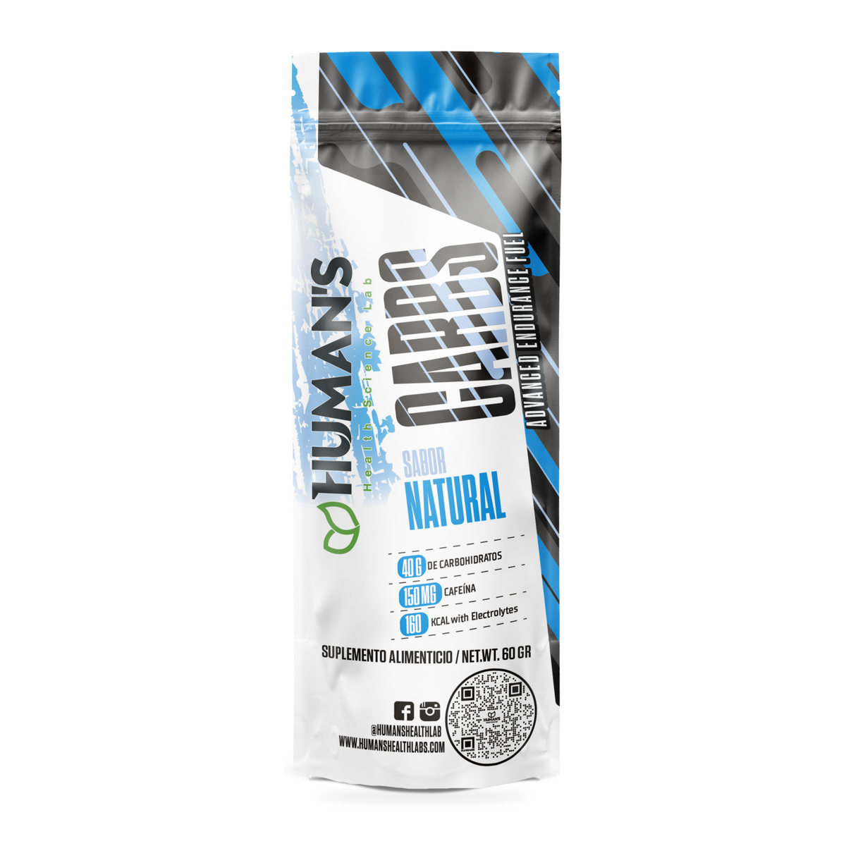 Human’s CARBS Gel Energético con 40 g de Carbohidratos, 150 mg de Cafeína y Electrolitos | Sabor Natural, 10 Sobres de 60 g