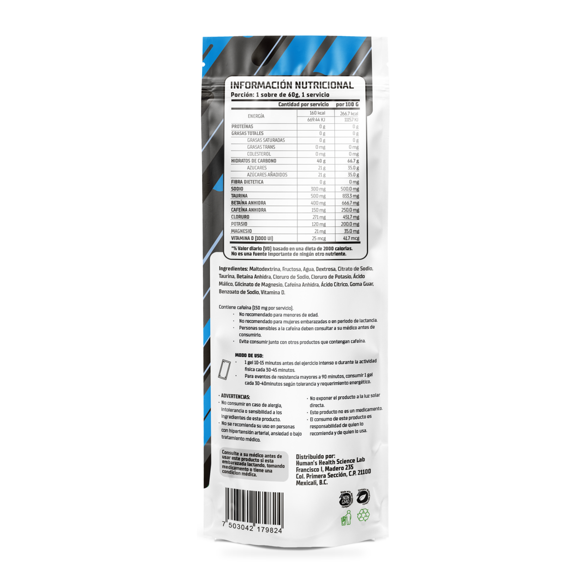 Human’s CARBS Gel Energético con 40 g de Carbohidratos, 150 mg de Cafeína y Electrolitos | Sabor Natural, 10 Sobres de 60 g