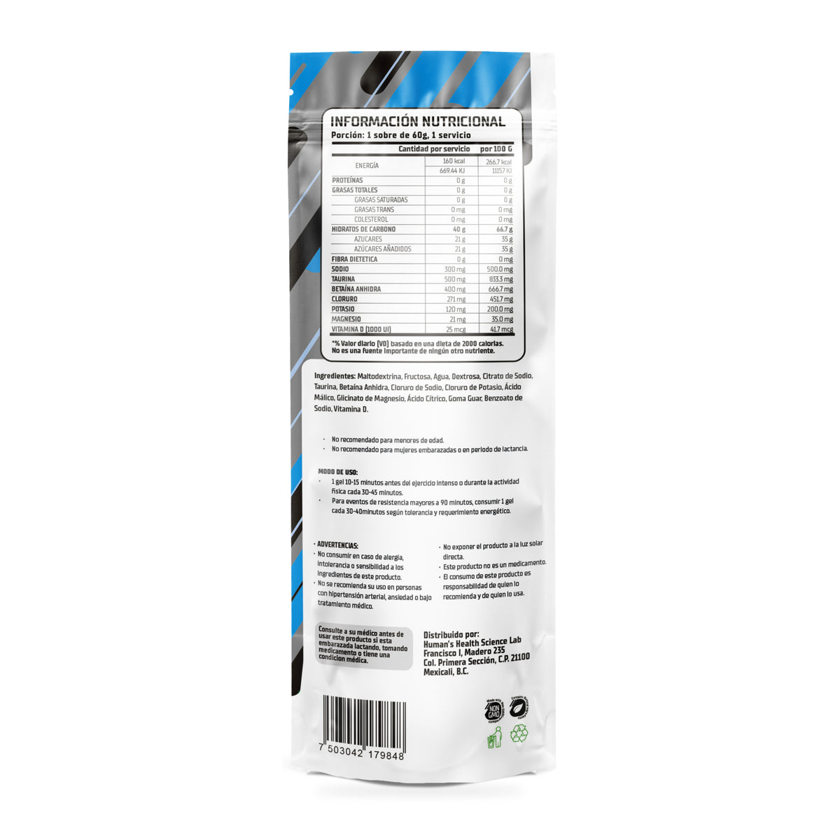 Human’s CARBS Gel Energético sin Cafeína con 40 g de Carbohidratos y Electrolitos | Sabor Natural, 10 Sobres de 60 g